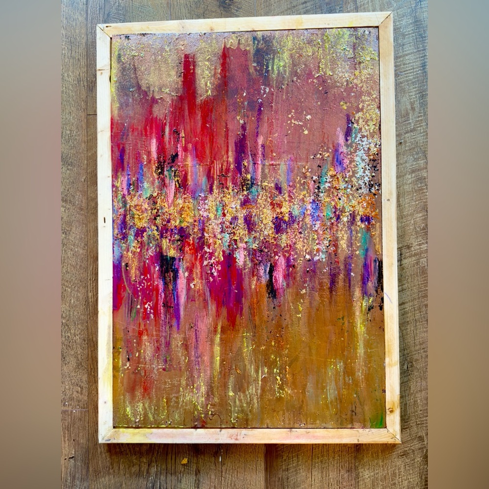Original abstract painting on wood - “Golden Soundscape” 23”x27” wall art decor